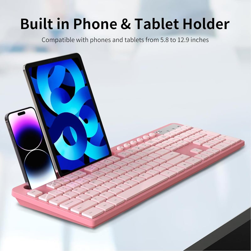 MARVO Wireless Keyboard and Mouse Combo, 2.4G Ergonomic Wireless Computer Keyboard with Phone Tablet Holder, Silent Mouse with 6 Button, Compatible with MacBook, Windows (Sakura Pink) - Image 3